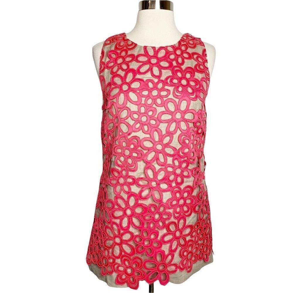Lela Rose Tan Pink Floral Print Sleeveless Scoop Neck Tunic /Dress